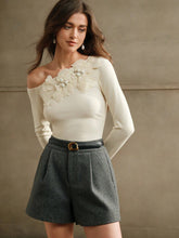 Women's Floral Embroidered, Beaded & Rhinestone Decor One Shoulder Slim Fit Knit T-Shirt Top, Autumn/Winter